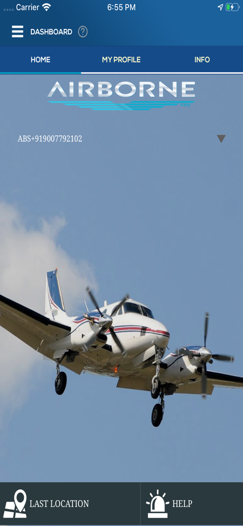 Airborne Flight Reporting System app dashboard with a twin engine airplane