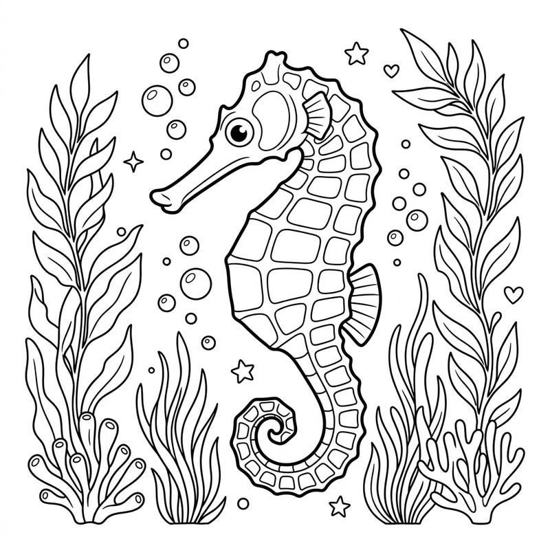 Unleash your artistic flair with this captivating Long-Snouted Seahorse coloring page, gracefully navigating an enchanting underwater world. Perfect for marine life enthusiasts and anyone seeking a calming creative escape.