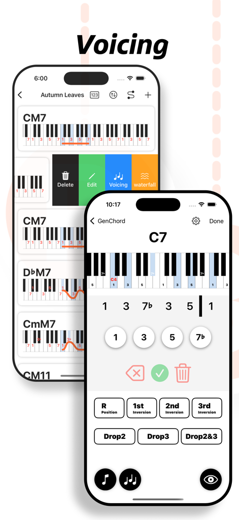 Screenshot of GenChord app showing piano chord voicing options including inversions and drop voicings