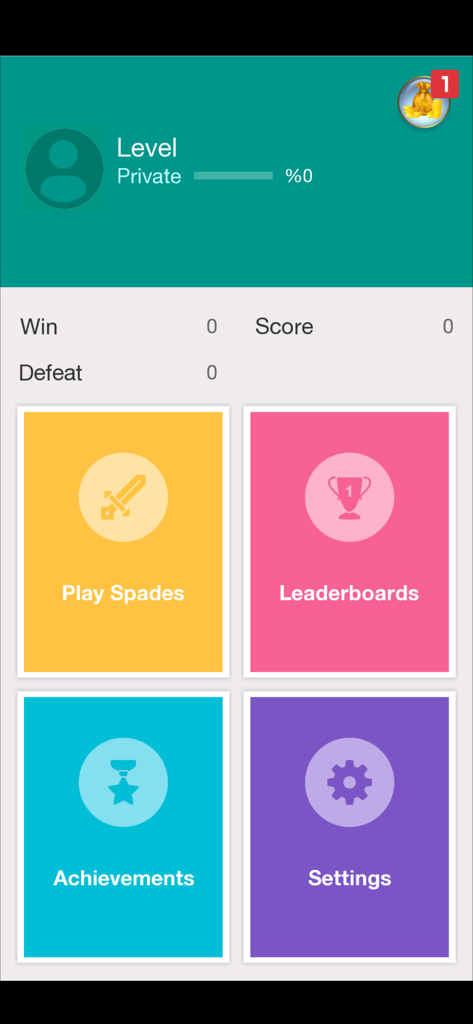 Spades: Card Game - Spades card game main menu screen showing play leaderboards achievements and settings buttons