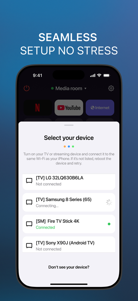 Universal TV Remote Control ⁺ - Smartphone app interface showing a list of smart TVs and streaming sticks ready for seamless pairing