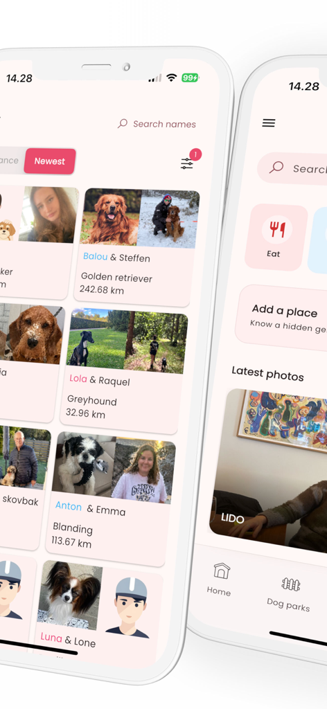 GoDusty - Mobile interface of GoDusty app showing dog owner profiles with breeds and dog friendly locations