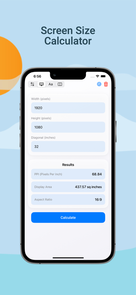 Pixel Converter Pro - iPhone screenshot of Pixel Converter Pro Screen Size Calculator showing PPI and aspect ratio results