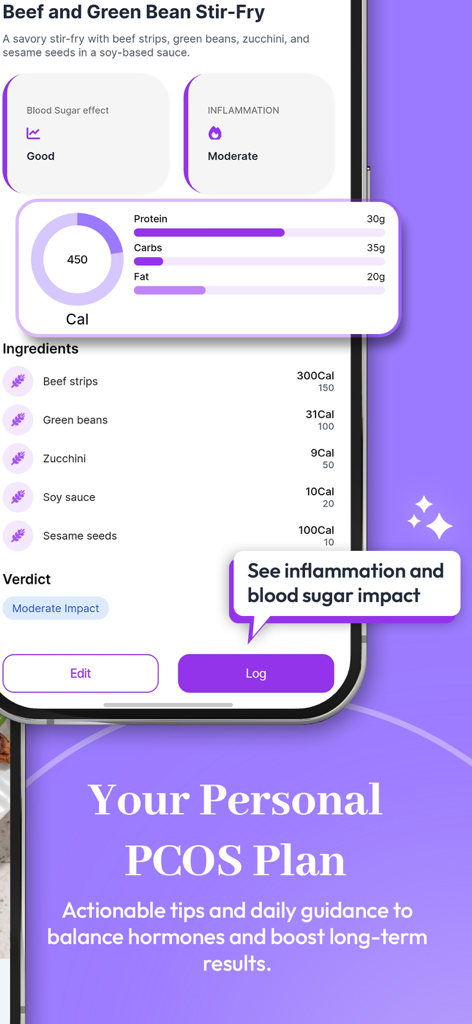 Briom:PCOS weight loss - Briom app dashboard showing blood sugar and inflammation impact of a meal for PCOS weight loss