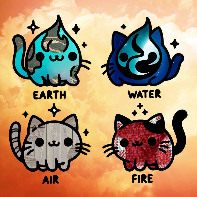 4 cats that represent the different elements, earth, water, air, and fire