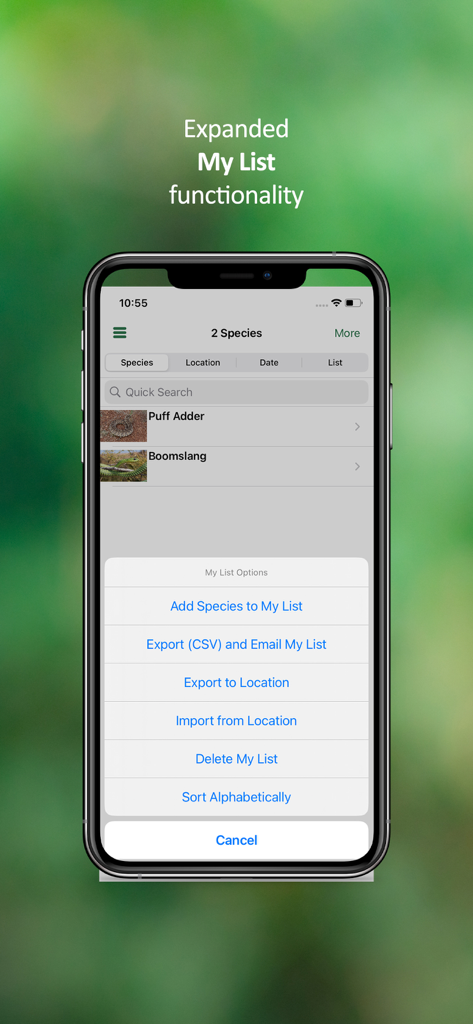 eSnakes Southern Africa - Screenshot of the eSnakes Southern Africa app showing the My List functionality for tracking snake sightings with options to export and manage entries.