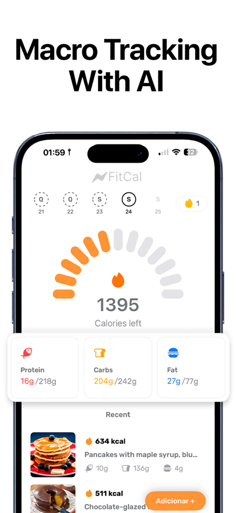 FitCal: Calorie Counter - FitCal app interface showing calorie and macro tracking summary on a mobile dashboard