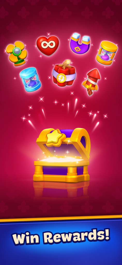 Match 3D Saga - A golden treasure chest opening to reveal various game rewards and boosters with the text Win Rewards