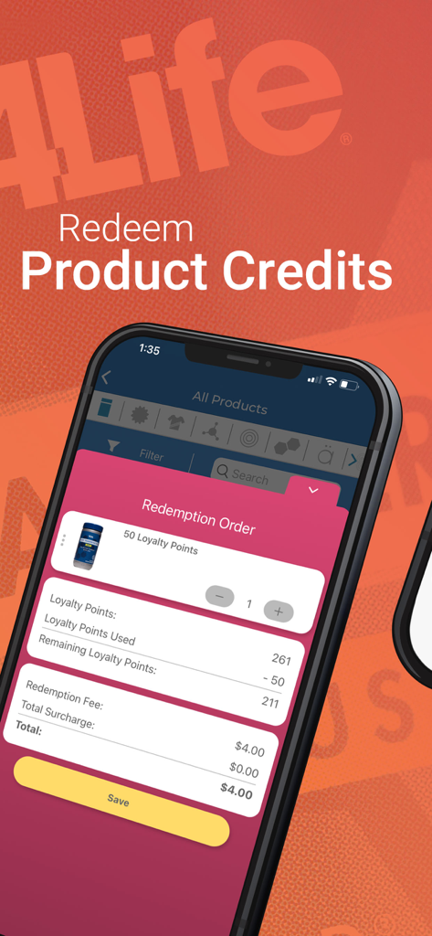 4Life - 4Life 앱 스크린샷으로 로열티 포인트로 제품 크레딧을 사용하는 방법을 보여줍니다.