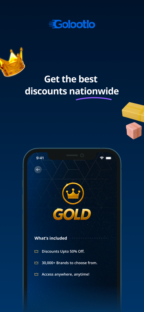 Golootlo Mobile-App-Bildschirm mit Gold-Mitgliedschaftsvorteilen und landesweiten Rabatten in Pakistan