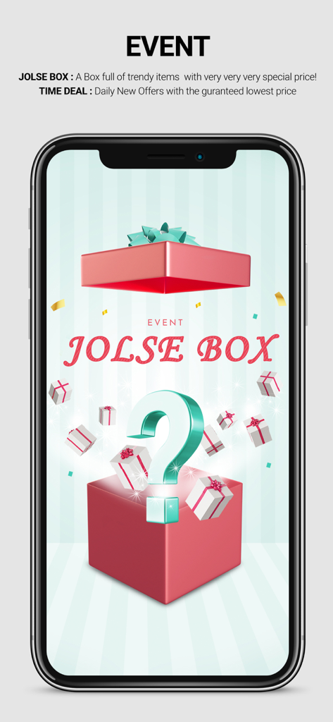 Pantalla de la aplicación móvil Jolse promocionando el evento de regalo misterioso Jolse Box y ofertas diarias por tiempo limitado.