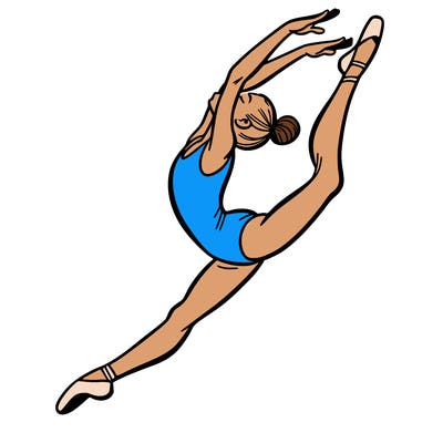 gymnast doing a leap in a leotard with a bent back leg