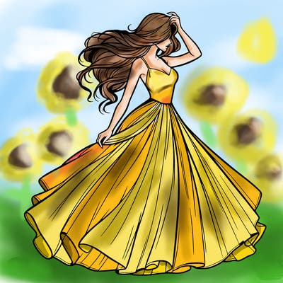 realistic woman with dress flowing in the wind