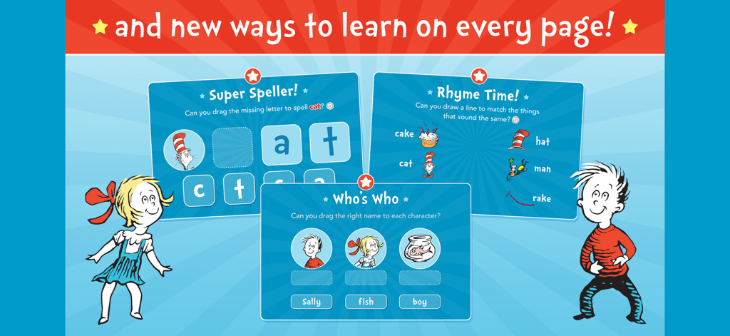 The Cat in the Hat - Actividades de aprendizaje interactivas en la aplicación El Gato Ensombrerado con juegos de ortografía y rimas