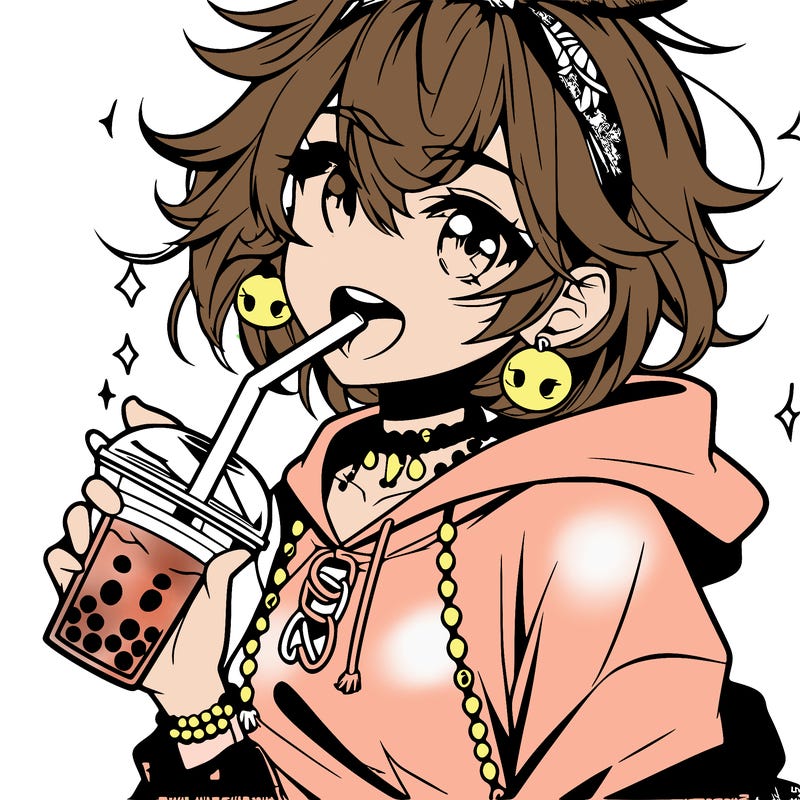 hot baddie anime girl drinking boba and biting the straw