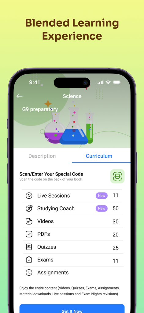 Aladwaa Education - Aladwaa Education app interface showing the grade 9 science curriculum features including videos and quizzes