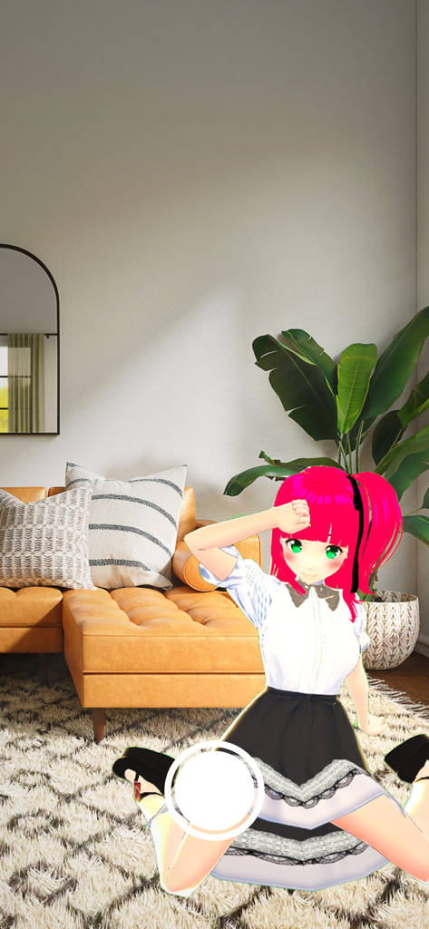Pose Mixer AR - Un personaje anime 3D con cabello rosa brillante sentado en una sala de estar de realidad aumentada.