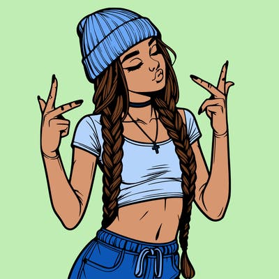 realistic teenage girl with braids and a beanie and crop top doing 🫶🏼