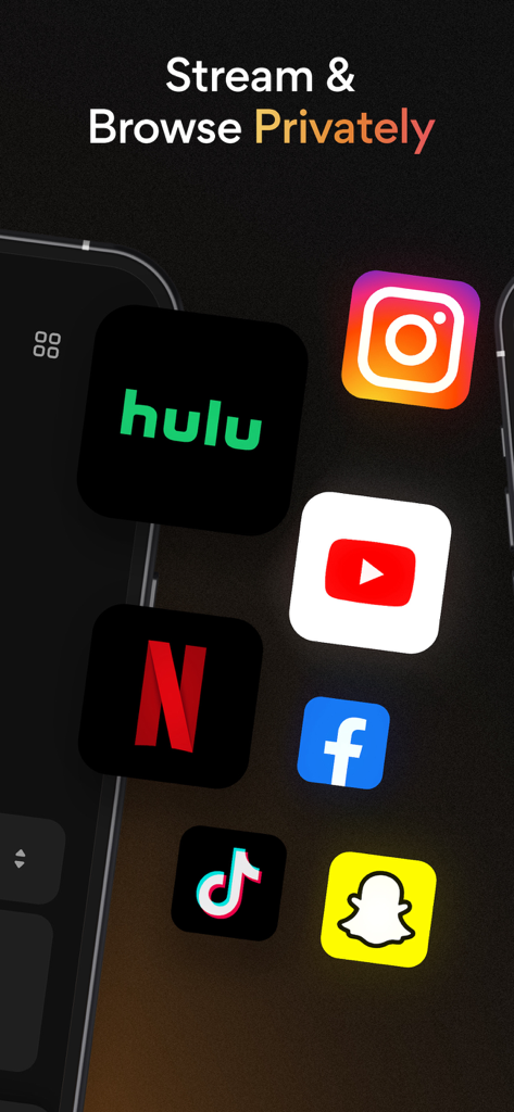 VPN Secure Proxy: UltraVPN™ - UltraVPN app interface showing various streaming and social media app icons with text promoting private streaming and browsing