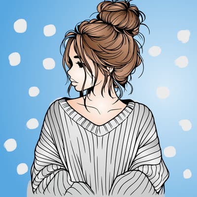 realistic girl wearing a messy bun and an oversized sweater