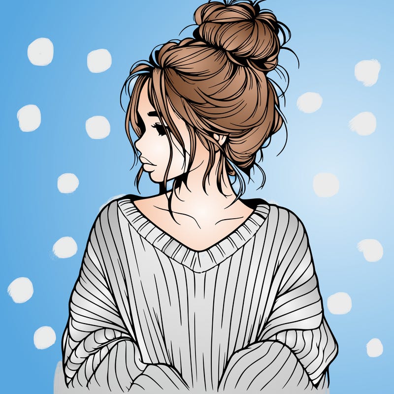 realistic girl wearing a messy bun and an oversized sweater