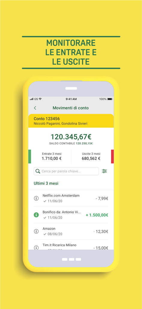 Credem Banca per imprese - Interfaz de la aplicación Credem Banca per imprese que muestra los movimientos de cuenta empresarial y el seguimiento del saldo