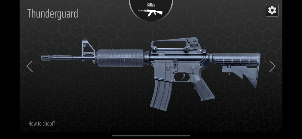 A selection screen in the Gun Simulator app showing an assault rifle named Thunderguard in the Rifles category.