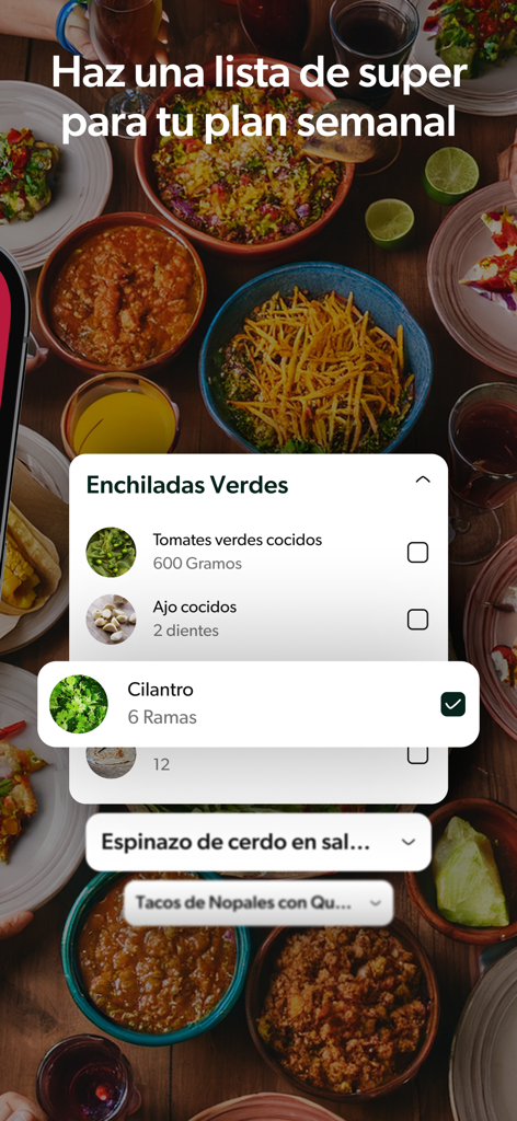Weekly grocery list feature for Enchiladas Verdes in the Recetas Nestle Mexico app