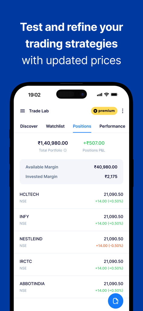 FrontPage - FrontPage app Trade Lab interface displaying a virtual stock portfolio with live price updates and trading positions