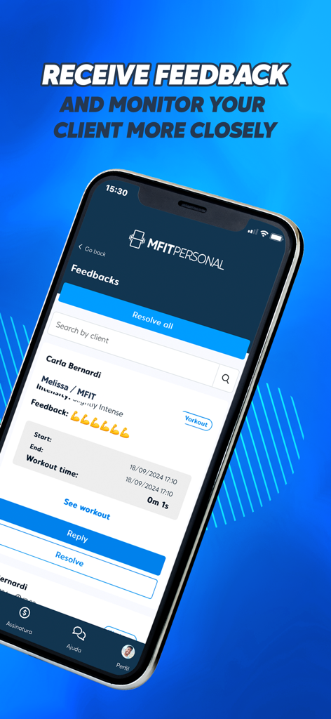 MFIT Personal app interface for personal trainers to track client feedback and workout performance.