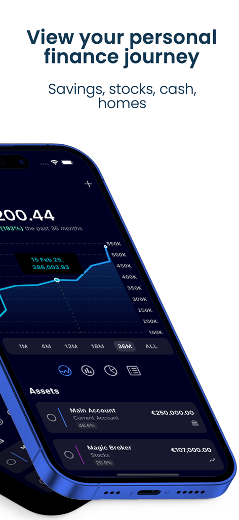 Net Worth Tracker - AssetView - AssetView mobile app screen showing net worth growth chart and diversified assets like stocks and savings accounts