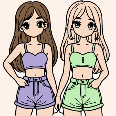 two sisters with crop tops and jean shorts and straight hair