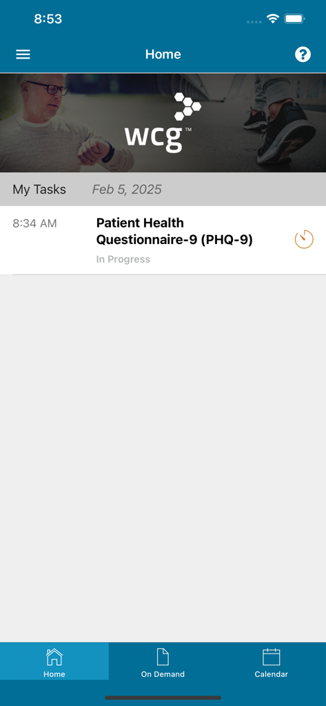 Pathway ePRO - Pathway ePRO アプリのホーム画面で、患者健康質問票のタスクが進行中であることを示す画像