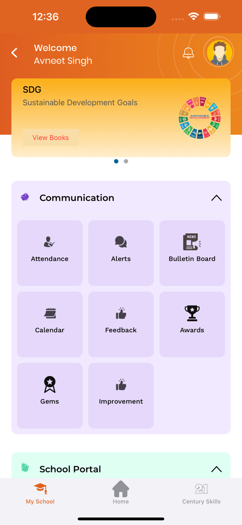 SchoolMitra - SchoolMitra app dashboard showing school communication icons for attendance alerts and calendar