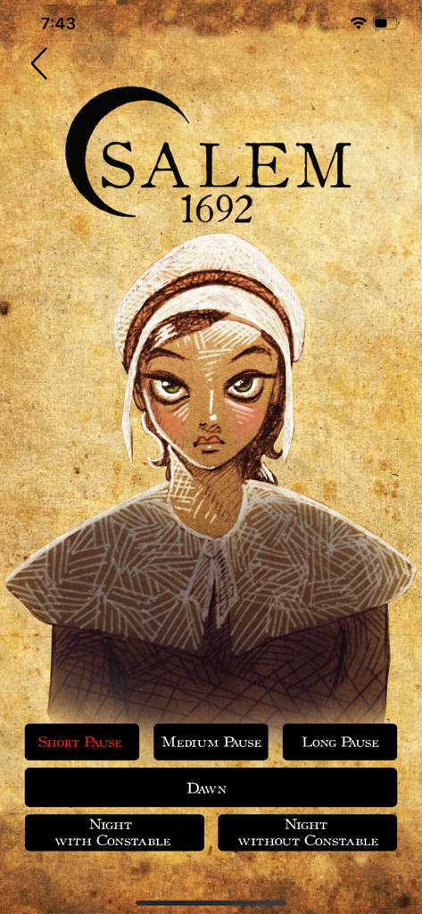 Salem 1692 Moderator - Salem 1692 Moderator app main interface featuring colonial character illustration and game phase buttons like Dawn and Night