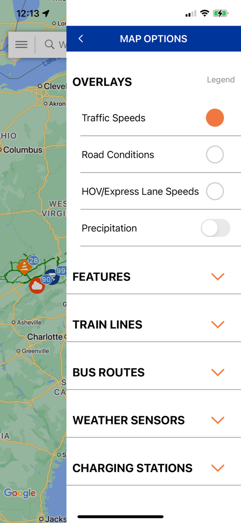 VDOT 511 Virginia Traffic - VDOT 511 app map options menu showing traffic speeds and road condition overlays