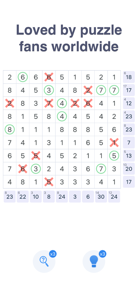 Sumplete: Logic Number Puzzle - Sumplete logic number puzzle grid showing arithmetic challenges and minimalist design
