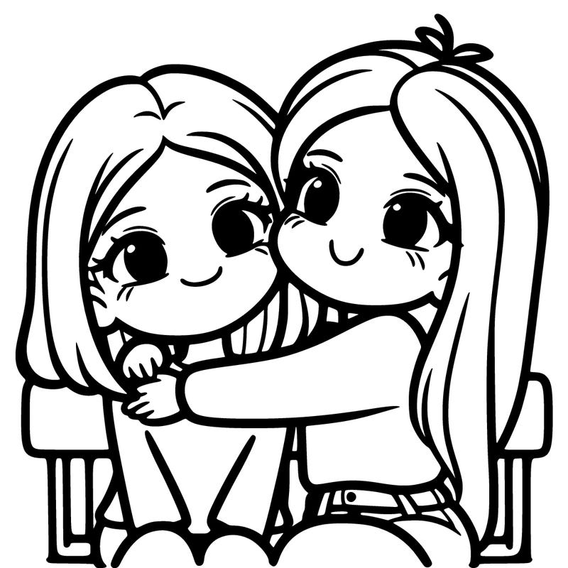 2 girls hugging, one girl has short hair the other girl had long hair