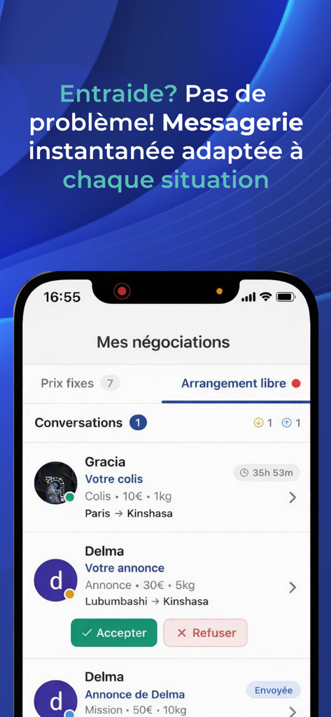 Kimia Lite - Messaging interface of the Kimia Lite app for negotiating parcel delivery prices and routes