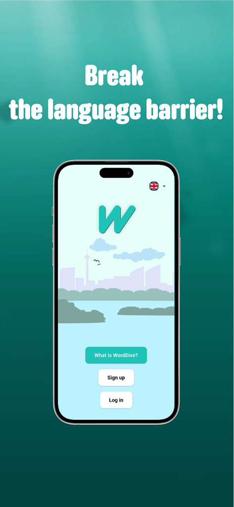 WordDive: Learn a new language - WordDive app welcome screen featuring the text Break the language barrier