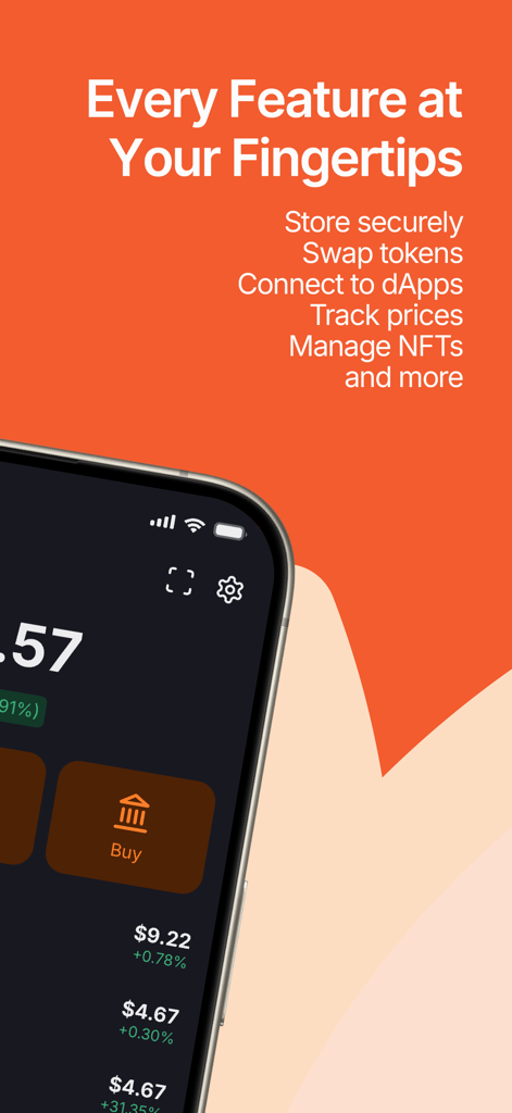 Joey Wallet - Joey Wallet app interface display on a vibrant orange background listing features like token swapping dApp connectivity and NFT management