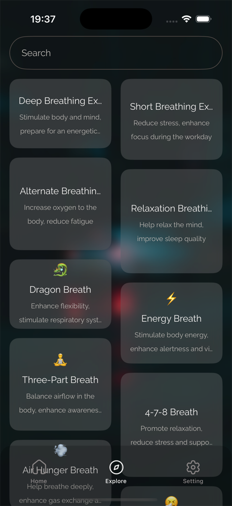 VitaBreath - A list of mindful breathing techniques in the VitaBreath app explore tab including 4-7-8 breath and energy breath