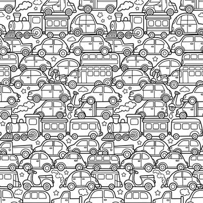 Embark on an exciting coloring journey with this unique vehicle tessellation design. Discover a captivating pattern where cars, trains, buses, and scooters interlock perfectly across the page, waiting for your creative touch.