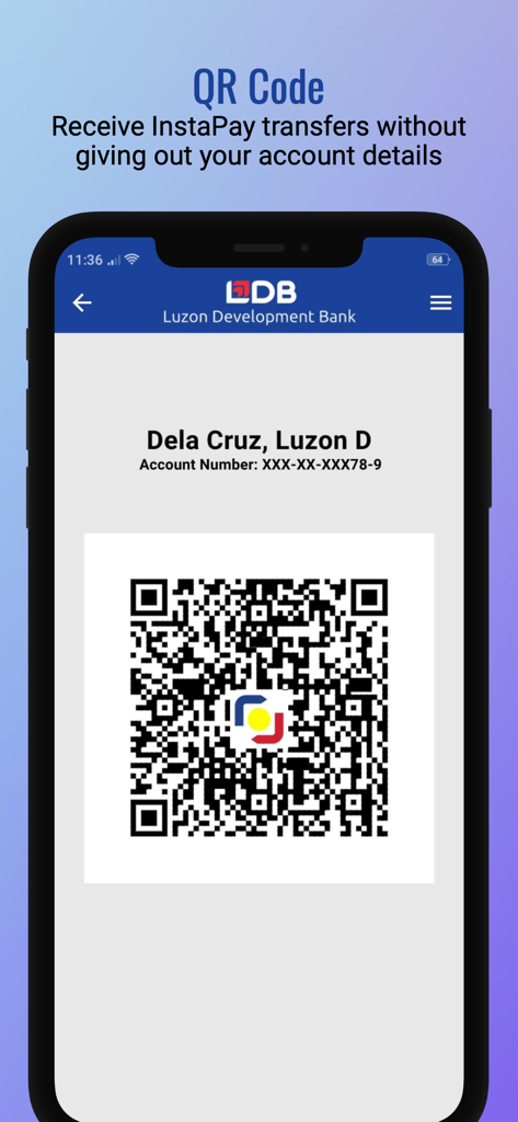 LDB Mobile - LDB Mobile app screen with a QR code for receiving InstaPay transfers without sharing account details