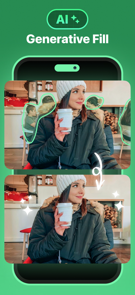 Remove Objects - Vorher-Nachher-Vergleich, der zeigt, wie generative KI Menschen aus einem Café-Hintergrund hinter einer Frau entfernt.