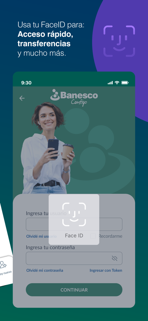 Banesco PA mobile app login screen with Face ID biometric authentication