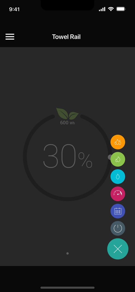Olle Connect - Olle Connect app interface showing towel rail heat level at 30 percent and energy consumption statistics