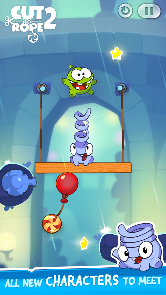 Cut the Rope 2 - Om Nom y un nuevo personaje llamado Blue en un nivel de puzle basado en física de Cut the Rope 2