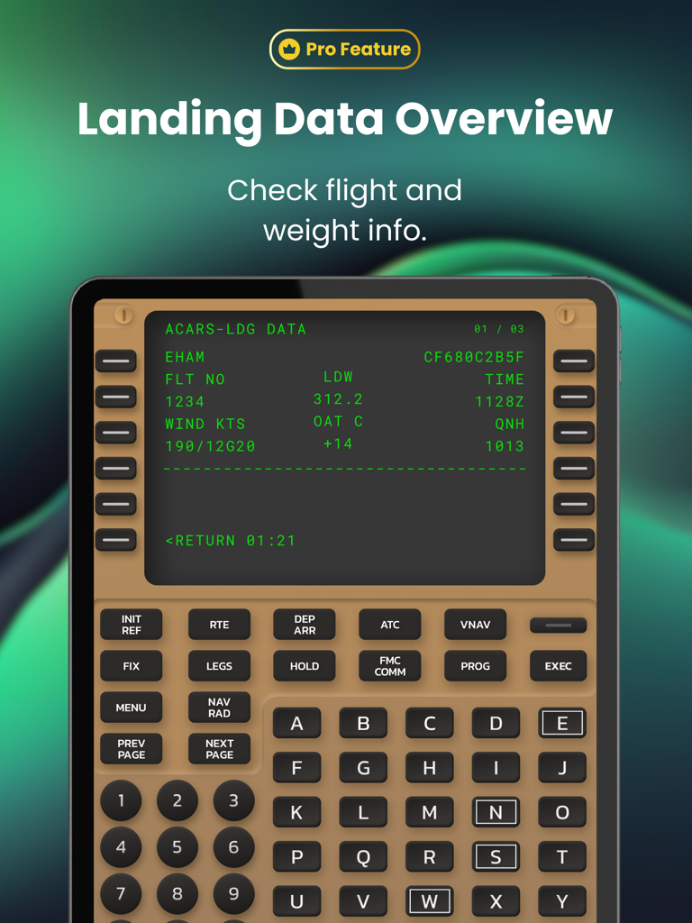 Pantalla de resumen de datos de aterrizaje del B747 FMS Trainer de Boeing