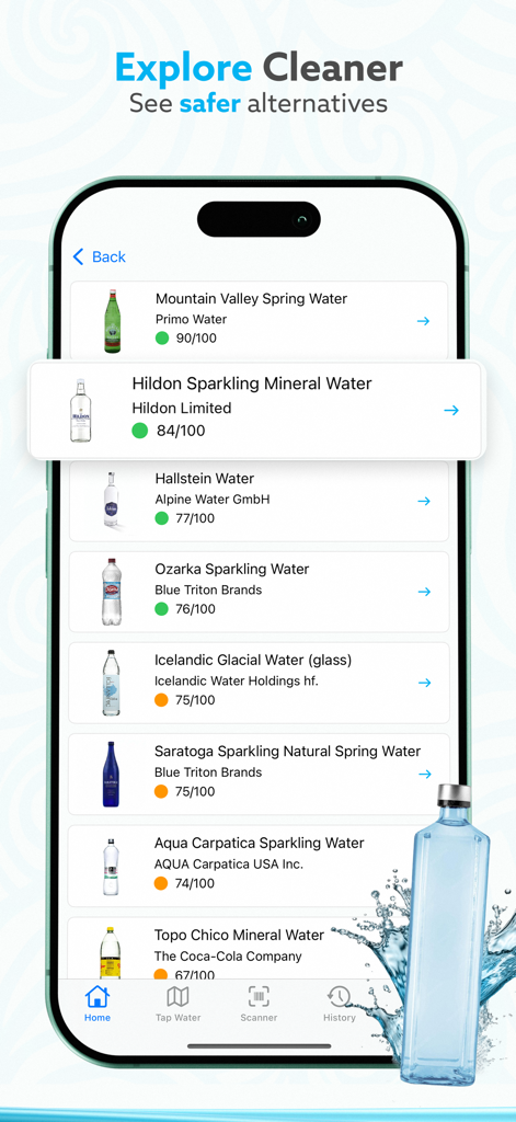 H20Score - Water Rankings - A list of bottled water brands with numerical quality scores and rankings on a smartphone screen
